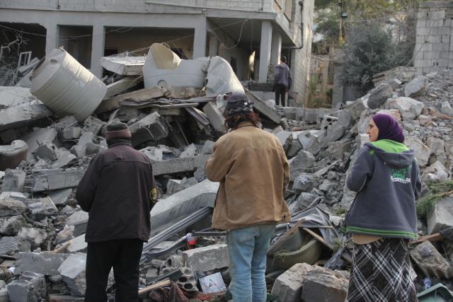 (260106) -- AL-MANARA, Jan. 6, 2026 (Xinhua) -- This photo taken on Jan. 6, 2026 shows destroyed residential buildings after an Israeli airstrike in Al-Manara near Lebanon's eastern border. The Israeli military announced on Monday that it struck Hezbollah and Hamas sites in Lebanon, citing "continued violations of the ceasefire understandings." (Photo by Taher Abu Hamdan/Xinhua)