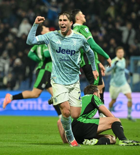 (260107) -- REGGIO EMILIA, Jan. 7, 2026 (Xinhua) -- Juventus' Fabio Miretti celebrates his goal during a Serie A football match between Sassuolo and Juventus in Reggio Emilia, Italy, Jan. 6, 2026. (Photo by Alberto Lingria/Xinhua)
