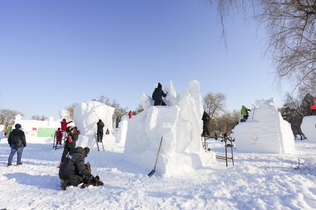 (260107) -- HARBIN, Jan. 7, 2026 (Xinhua) -- Contestants work on a snow sculpture at the compound for the Sun Island International Snow Sculpture Art Expo in Harbin, northeast China's Heilongjiang Province, Jan. 7, 2026. The 28th Harbin international snow sculpture competition kicked off here on Tuesday, attracting 25 teams of snow sculptors from 13 countries. Various snow sculpture works have begun to take shape on Wednesday. (Xinhua/Wang Song)