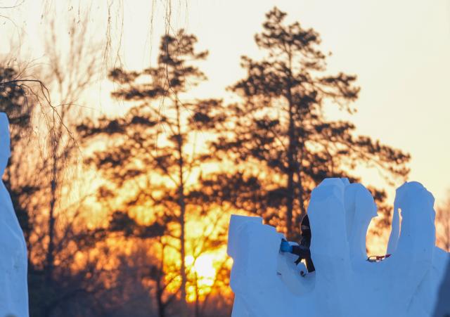(260107) -- HARBIN, Jan. 7, 2026 (Xinhua) -- A contestant works on a snow sculpture at the compound for the Sun Island International Snow Sculpture Art Expo in Harbin, northeast China's Heilongjiang Province, Jan. 7, 2026. The 28th Harbin international snow sculpture competition kicked off here on Tuesday, attracting 25 teams of snow sculptors from 13 countries. Various snow sculpture works have begun to take shape on Wednesday. (Xinhua/Wang Jianwei)