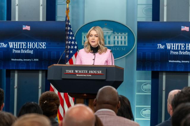 (260108) -- WASHINGTON, D.C, Jan. 8, 2026 (Xinhua) -- White House Press Secretary Karoline Leavitt attends a daily press briefing at the White House in Washington, D.C., the United States, on Jan. 7, 2026. White House Press Secretary Karoline Leavitt said Wednesday that the Trump administration will continue to enforce an embargo against all "shadow fleet" vessels alleged by the U.S. to illegally transport oil.
   Leavitt made the remarks hours after the U.S. Coast Guard seized two Venezuela-linked oil tankers in the Atlantic and the Caribbean on Wednesday morning. (Photo by Li Yuanqing/Xinhua)