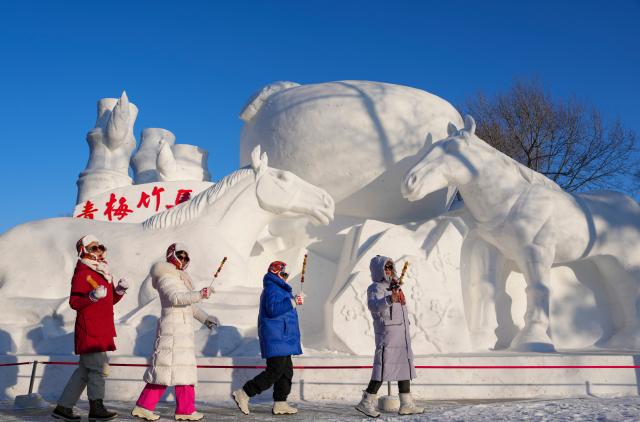(260109) -- HARBIN, Jan. 9, 2026 (Xinhua) -- Tourists pose for photos with a snow sculpture while visiting the 38th Sun Island International Snow Sculpture Art Expo in Harbin, northeast China's Heilongjiang Province, Jan. 7, 2026.
  The ongoing snow sculpture art expo, with an exhibition area of 1.5 million square meters, is attracting visitors to its stunning ice and snow landscapes. (Xinhua/Wang Jianwei)