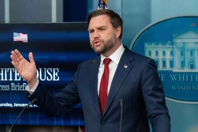 (260109) -- WASHINGTON, Jan. 9, 2026 (Xinhua) -- U.S. Vice President JD Vance speaks to reporters during a press briefing at the White House in Washington, D.C., the United States, Jan. 8, 2026.
  Vance said on Thursday that currently part of his job is "to try to ensure that Venezuela is stable" and to ensure that the acting Venezuelan government "actually listens to the United States and does what the United States needs it to do under our country's best interest." (Photo by Li Yuanqing/Xinhua)