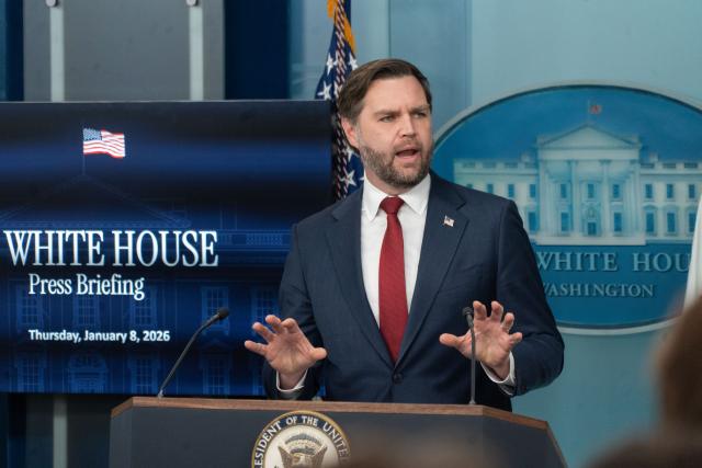(260109) -- WASHINGTON, Jan. 9, 2026 (Xinhua) -- U.S. Vice President JD Vance speaks to reporters during a press briefing at the White House in Washington, D.C., the United States, Jan. 8, 2026.
  Vance said on Thursday that currently part of his job is "to try to ensure that Venezuela is stable" and to ensure that the acting Venezuelan government "actually listens to the United States and does what the United States needs it to do under our country's best interest." (Photo by Li Yuanqing/Xinhua)