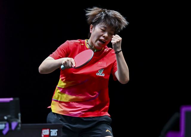 (260109) -- DOHA, Jan. 9, 2026 (Xinhua) -- Wang Yidi of China reacts after winning the women's singles round of 16 match against Sofia Polcanova of Austria at the WTT Champions Doha 2026 in Doha, Qatar, Jan. 9, 2026. (Photo by Nikku/Xinhua)