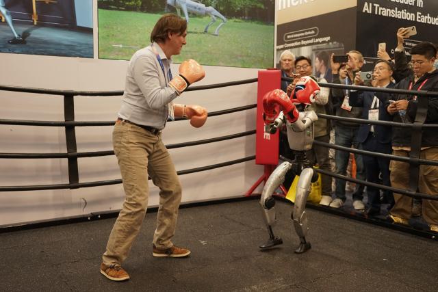 (260109) -- LAS VEGAS, Jan. 9, 2026 (Xinhua) -- A robot from Chinese company Unitree is displayed during the 2026 Consumer Electronics Show (CES) in Las Vegas, the United States, Jan. 8, 2026. (Photo by Zeng Hui/Xinhua)