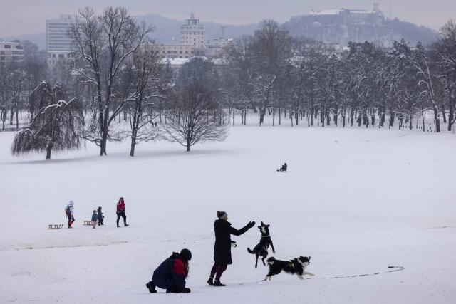 (260109) -- LJUBLJANA, Jan. 9, 2026 (Xinhua) -- People play in snowy weather in Ljubljana, Slovenia, Jan. 9, 2026. (Photo by Zeljko Stevanic/Xinhua)