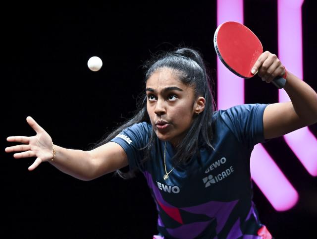 (260110) -- DOHA, Jan. 10, 2026 (Xinhua) -- Prithika Pavade of France serves during the women's singles Round of 16 match against Wang Manyu of China at the WTT Champions Doha 2026 in Doha, Qatar, on Jan. 9, 2026. (Photo by Nikku/Xinhua)