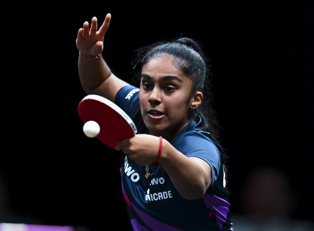 (260110) -- DOHA, Jan. 10, 2026 (Xinhua) -- Prithika Pavade of France hits a return during the women's singles Round of 16 match against Wang Manyu of China at the WTT Champions Doha 2026 in Doha, Qatar, on Jan. 9, 2026. (Photo by Nikku/Xinhua)
