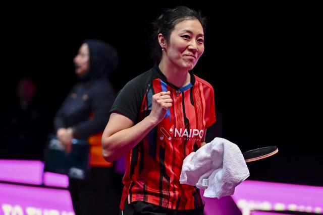 (260110) -- DOHA, Jan. 10, 2026 (Xinhua) -- Han Ying of Germany celebrates after the women's singles Round of 16 match against Chen Yi of China at the WTT Champions Doha 2026 in Doha, Qatar, on Jan. 9, 2026. (Photo by Nikku/Xinhua)