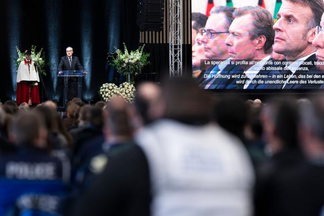 (260110) --  MARTIGNY, Jan. 10, 2026 (Xinhua) -- Swiss President Guy Parmelin speaks at the official memorial ceremony mourning the victims of a New Year's Eve bar fire in Martigny, Switzerland, Jan. 9, 2026. Switzerland held a national memorial service on Friday to mourn the victims of a deadly New Year's Eve bar fire in the resort town of Crans-Montana, as authorities continued their investigation into the incident.
   Due to forecasts of heavy snowfall in Crans-Montana, Swiss authorities decided to hold the official ceremony in Martigny, more than 50 kilometers west of the resort town, citing safety concerns. (Photo by Louis Dasselborne/Xinhua)