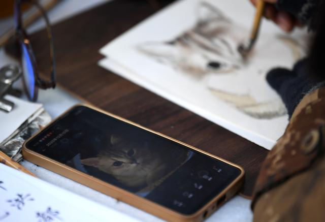 (260110) -- XI'AN, Jan. 10, 2026 (Xinhua) -- An artist paints a pet cat portrait based on a photo provided by a customer in Shuyuanmen historical and cultural district in Xi'an, northwest China's Shaanxi Province, Jan. 9, 2026. Nestled near Beilin, meaning "the forest of stone steles" in Chinese, the Shuyuanmen historical and cultural district is a natural hub for Chinese calligraphy and painting arts. The district is now witnessing a rise in custom pet portrait services. Blending traditional artistic techniques with modern aesthetics, those offerings are winning the hearts of both pet lovers and tourists, bringing fresh and lively energy into this centuries-old neighborhood. (Xinhua/Li Yibo)
