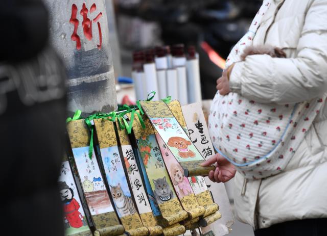 (260110) -- XI'AN, Jan. 10, 2026 (Xinhua) -- A tourist selects pet portrait paintings in Shuyuanmen historical and cultural district in Xi'an, northwest China's Shaanxi Province, Jan. 9, 2026. Nestled near Beilin, meaning "the forest of stone steles" in Chinese, the Shuyuanmen historical and cultural district is a natural hub for Chinese calligraphy and painting arts. The district is now witnessing a rise in custom pet portrait services. Blending traditional artistic techniques with modern aesthetics, those offerings are winning the hearts of both pet lovers and tourists, bringing fresh and lively energy into this centuries-old neighborhood. (Xinhua/Li Yibo)