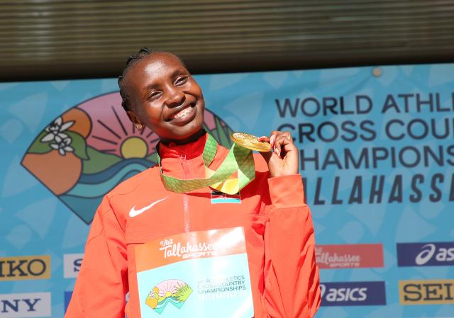 (260111) -- TALLAHASSEE, Jan. 11, 2026 (Xinhua) -- Gold medalist Kenya's Agnes Jebet Ngetich reacts during the awarding ceremony for the Senior Women's Race at the World Athletics Cross Country Championships 2026 in Tallahassee, Florida, the United States, on Jan. 10, 2026. (Xinhua/Zhang Fengguo)