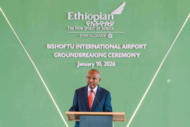 (260111) -- OROMIA, Jan. 11, 2026 (Xinhua) -- Mesfin Tasew, group chief executive officer of Ethiopian Airlines Group, speaks at the groundbreaking ceremony of the Bishoftu International Airport, near Bishoftu town in the Oromia regional state of Ethiopia, on Jan. 10, 2026. Ethiopian Prime Minister Abiy Ahmed on Saturday officially launched the construction of the Bishoftu International Airport, which is expected to become Africa's largest aviation hub upon completion.
   TO GO WITH "Ethiopia launches construction of Africa's largest airport" (Ethiopian Airlines Group/Handout via Xinhua)