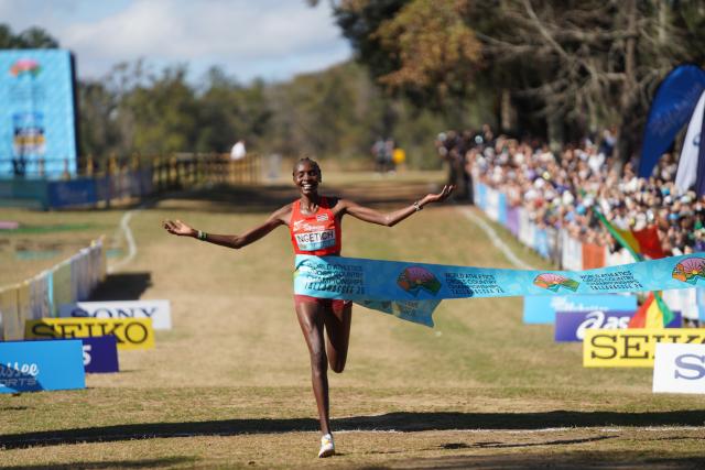 (260111) -- TALLAHASSEE, Jan. 11, 2026 (Xinhua) -- Kenya's Agnes Jebet Ngetich crosses the finish line to win the Senior Women's Race at the World Athletics Cross Country Championships 2026 in Tallahassee, Florida, the United States, on Jan. 10, 2026. (Xinhua/Zhang Fengguo)