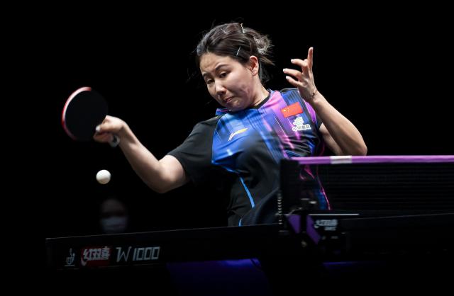 (260111) -- DOHA, Jan. 11, 2026 (Xinhua) -- Chen Xingtong of China hits a return during the women's singles quarter-final match against Harimoto Miwa of Japan at the WTT Champions Doha 2026 in Doha, Qatar, on Jan. 10, 2026. (Photo by Nikku/Xinhua)