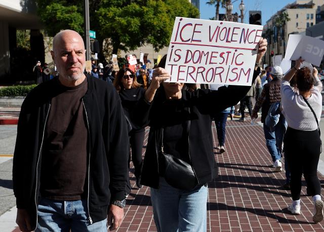 (260111) -- LOS ANGELES, Jan. 11, 2026 (Xinhua) -- People participate in a protest against the Immigration and Customs Enforcement (ICE) in Pasadena, Los Angeles County, California, the United States, on Jan. 10, 2026. TO GO WITH "Dozens of protests against ICE held across U.S. California" (Xinhua)
