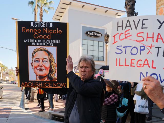 (260111) -- LOS ANGELES, Jan. 11, 2026 (Xinhua) -- People participate in a protest against the Immigration and Customs Enforcement (ICE) in Pasadena, Los Angeles County, California, the United States, on Jan. 10, 2026. TO GO WITH "Dozens of protests against ICE held across U.S. California" (Xinhua)