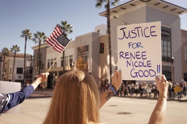 (260111) -- LOS ANGELES, Jan. 11, 2026 (Xinhua) -- A protester holding a placard participates in a protest against the Immigration and Customs Enforcement (ICE) in Pasadena, Los Angeles County, California, the United States, on Jan. 10, 2026. TO GO WITH "Dozens of protests against ICE held across U.S. California" (Xinhua)
