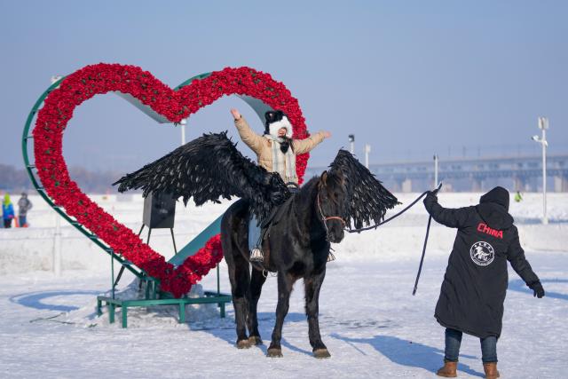 (260111) -- HARBIN, Jan. 11, 2026 (Xinhua) -- A tourist poses for photos on horseback on the frozen surface of the Songhua River in Harbin, northeast China's Heilongjiang Province, Jan. 11, 2026. The surface of the Harbin section of Songhua River, now solidly frozen, serves as a "fun field," where locals and tourists alike enjoy themselves with ice-and-snow-themed amusements. (Xinhua/Wang Jianwei)