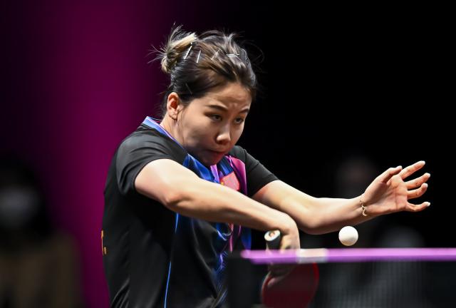 (260111) -- DOHA, Jan. 11, 2026 (Xinhua) -- Chen Xingtong of China hits a return during the women's singles semifinal match against Kuai Man of China at the WTT Champions Doha 2026 in Doha, Qatar, Jan. 11, 2026. (Photo by Nikku/Xinhua)