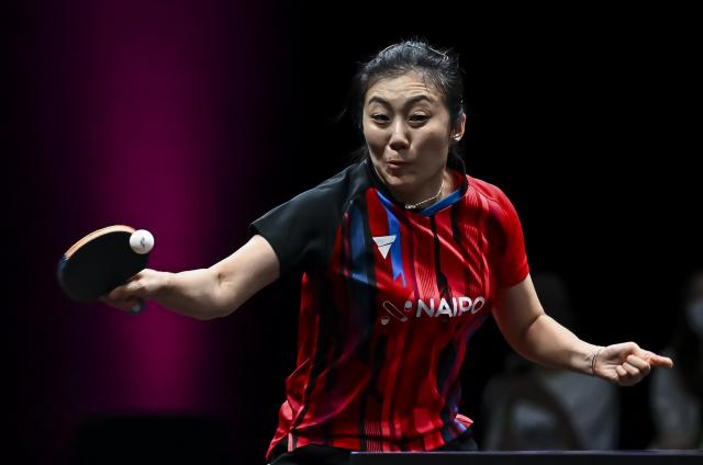 (260111) -- DOHA, Jan. 11, 2026 (Xinhua) -- Han Ying of Germany hits a return during the women's singles semifinal match against Zhu Yuling of China's Macao at the WTT Champions Doha 2026 in Doha, Qatar, Jan. 11, 2026. (Photo by Nikku/Xinhua)
