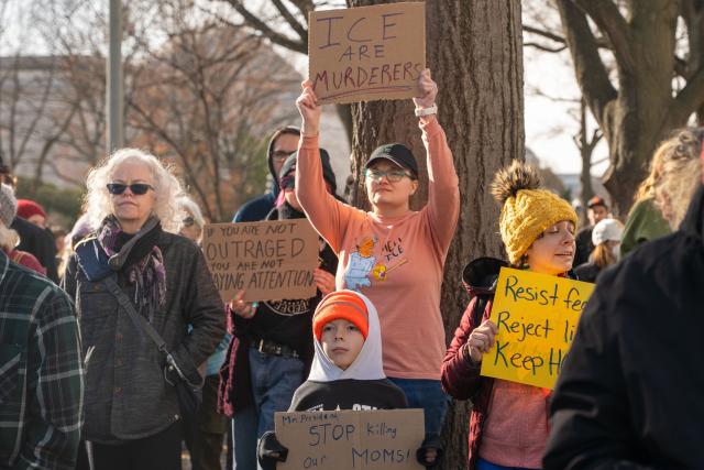 (260112) -- WASHINGTON, Jan. 12, 2026 (Xinhua) -- People holding placards attend an "ICE Out for Good" protest against U.S. Immigration and Customs Enforcement (ICE) in Washington, D.C., the United States, on Jan. 11, 2026. (Photo by Li Yuanqing/Xinhua)