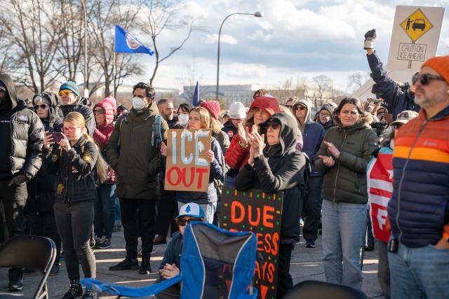 (260112) -- WASHINGTON, Jan. 12, 2026 (Xinhua) -- People attend an "ICE Out for Good" protest against U.S. Immigration and Customs Enforcement (ICE) in Washington, D.C., the United States, on Jan. 11, 2026. (Photo by Li Yuanqing/Xinhua)