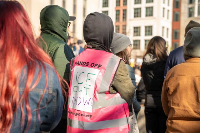 (260112) -- WASHINGTON, Jan. 12, 2026 (Xinhua) -- People attend an "ICE Out for Good" protest against U.S. Immigration and Customs Enforcement (ICE) in Washington, D.C., the United States, on Jan. 11, 2026. (Photo by Li Yuanqing/Xinhua)