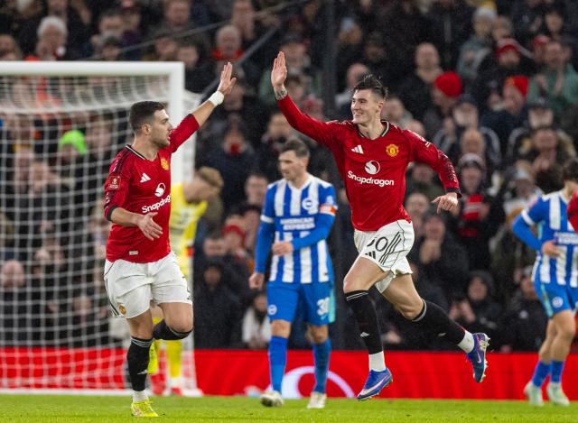 (260112) -- MANCHESTER, Jan. 12, 2026 (Xinhua) -- Manchester United's Benjamin Sesko (R) celebrates after scoring during the FA Cup 3rd Round match between Manchester United FC and Brighton & Hove Albion FC in Manchester, Britain, on Jan. 11, 2026. FOR EDITORIAL USE ONLY. NOT FOR SALE FOR MARKETING OR ADVERTISING CAMPAIGNS. NO USE WITH UNAUTHORIZED AUDIO, VIDEO, DATA, FIXTURE LISTS, CLUB/LEAGUE LOGOS OR "LIVE" SERVICES. ONLINE IN-MATCH USE LIMITED TO 45 IMAGES, NO VIDEO EMULATION. NO USE IN BETTING, GAMES OR SINGLE CLUB/LEAGUE/PLAYER PUBLICATIONS. (Xinhua)