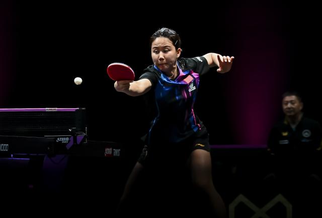 (260112) -- DOHA, Jan. 12, 2026 (Xinhua) -- Chen Xingtong of China hits a return during the women's singles final match against Zhu Yuling of China's Macao at the WTT Champions Doha 2026 in Doha, Qatar, on Jan. 11, 2026. (Photo by Nikku/Xinhua)