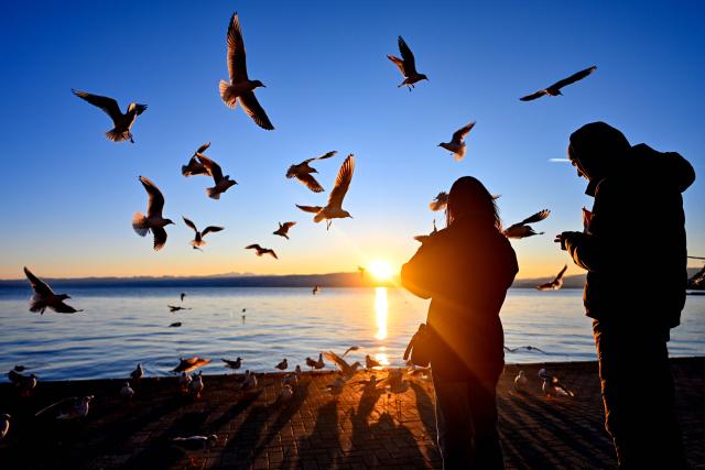 (260113) -- BEIJING, Jan. 13, 2026 (Xinhua) -- People enjoy sunset by Ohrid Lake in Ohrid, North Macedonia, Jan. 12 2026. (Photo by Tomislav Georgiev/Xinhua)
