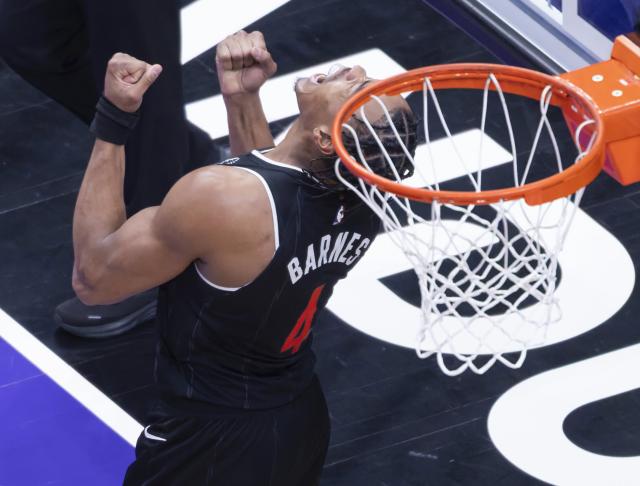 (260113) -- TORONTO, Jan. 13, 2026 (Xinhua) -- Scottie Barnes of Toronto Raptors reacts after missing a shot during the 2025-2026 NBA regular season game between Toronto Raptors and Philadelphia 76ers in Toronto, Canada, on Jan. 12, 2026. (Photo by Zou Zheng/Xinhua)