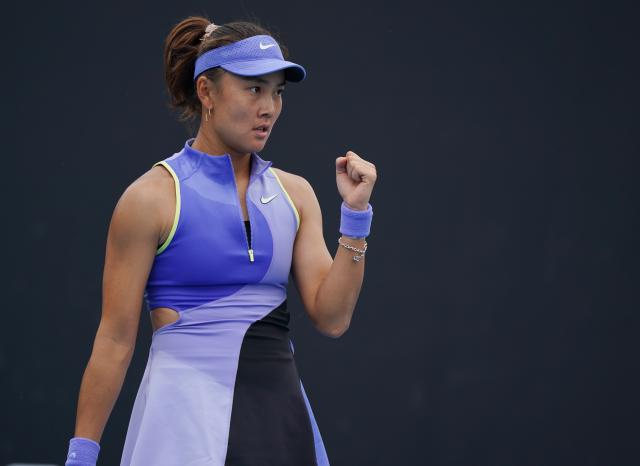 (260113) -- MELBOURNE, Jan. 13, 2026 (Xinhua) -- Yuan Yue of China celebrates after winning the women's singles qualifying 1st round match against Louisa Chirico of the United States at Australian Open tennis tournament in Melbourne, Australia, Jan. 13, 2026. (Photo by Wang Shen/Xinhua)
