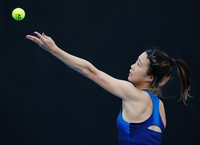 (260113) -- MELBOURNE, Jan. 13, 2026 (Xinhua) -- Ma Yexin of China serves during the women's singles qualifying 1st round match against Varvara Lepchenko of the United States at Australian Open tennis tournament in Melbourne, Australia, Jan. 13, 2026. (Photo by Wang Shen/Xinhua)