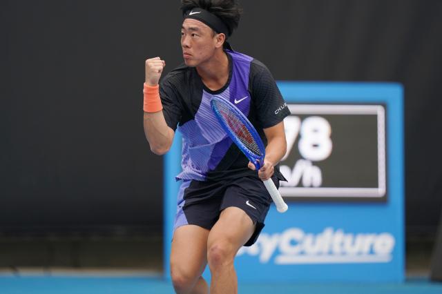 (260113) -- MELBOURNE, Jan. 13, 2026 (Xinhua) -- Coleman Wong of China's Hong Kong celebrates during the men's singles qualifying 1st round match against Ugo Blanchet of France at Australian Open tennis tournament in Melbourne, Australia, Jan. 13, 2026. (Photo by Wang Shen/Xinhua)