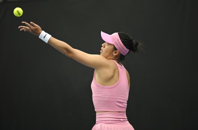 (260113) -- MELBOURNE, Jan. 13, 2026 (Xinhua) -- Wei Sijia of China serves during the women's singles qualifying 1st round match against Elvina Kalieva of the United States at Australian Open tennis tournament in Melbourne, Australia, Jan. 13, 2026. (Photo by Wang Shen/Xinhua)