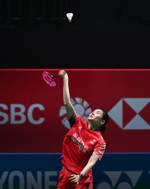 (260114) -- NEW DELHI, Jan. 14, 2026 (Xinhua) -- Han Yue of China competes during the women's singles 1/16 final match against Sung Shuo Yun of Chinese Taipei at the India Open 2026 in New Delhi, India, Jan. 14, 2026. (Xinhua/Javed Dar)