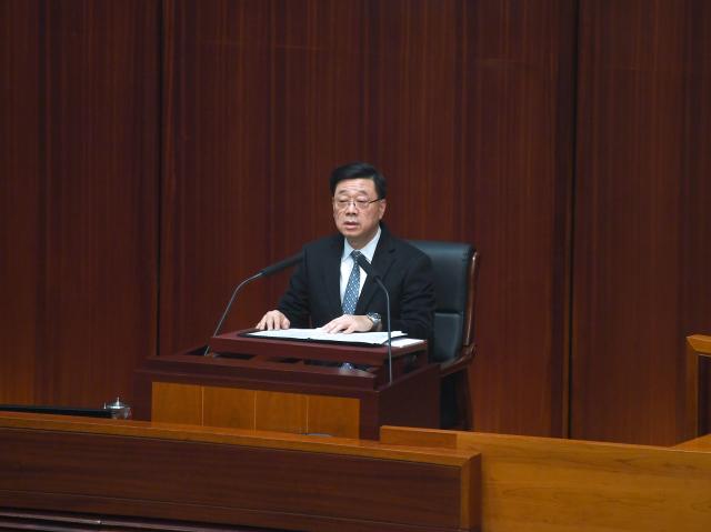 (260114) -- HONG KONG, Jan. 14, 2026 (Xinhua) -- John Lee, chief executive of the Hong Kong Special Administrative Region (HKSAR), attends the first meeting of the eighth-term Legislative Council in Hong Kong, south China, Jan. 14, 2026. TO GO WITH "Hong Kong pledges all-out efforts in fire aftermath, mulls reform to strengthen building safety" (Xinhua/Chen Duo)