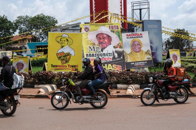 (260114) -- KAMPALA, Jan. 14, 2026 (Xinhua) -- This photo taken on Jan. 13, 2026 shows campaign posters ahead of Uganda's general elections in Kampala, Uganda.
  The three-month presidential campaigns in Uganda concluded on Tuesday, with the main contenders rallying for votes in the central part of the East African country ahead of Thursday's vote.
  The elections are scheduled to start on Thursday at 7:00 a.m. local time (0400 GMT) and close at 4:00 p.m. (1300 GMT), with about 21 million registered voters expected to turn up at polling stations across the country, according to the electoral body. (Photo by Hajarah Nalwadda/Xinhua)