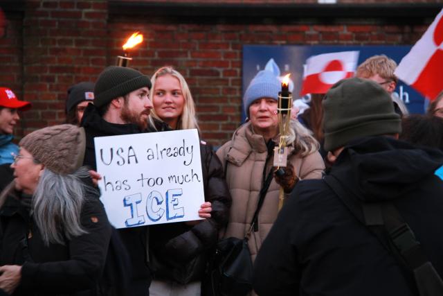 (260114) -- COPENHAGEN, Jan. 14, 2026 (Xinhua) -- People participate in a protest against U.S. plans on Greenland in Copenhagen, Denmark, Jan. 14, 2026. About 200 protesters rallied outside the U.S. Embassy in Denmark Wednesday, expressing opposition to Washington's plans on Greenland as Danish and Greenlandic officials met with U.S. Vice President JD Vance and Secretary of State Marco Rubio in Washington. (Photo by Liu Zhichao/Xinhua)