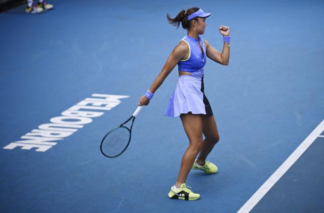 (260115) -- MELBOURNE, Jan. 15, 2026 (Xinhua) -- Yuan Yue of China celebrates during the women's singles qualifying final round match against Tamara Zidansek of Slovenia at Australian Open tennis tournament in Melbourne, Australia, Jan. 15, 2026. (Photo by Wang Shen/Xinhua)