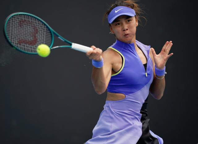 (260115) -- MELBOURNE, Jan. 15, 2026 (Xinhua) -- Yuan Yue of China hits a return during the women's singles qualifying final round match against Tamara Zidansek of Slovenia at Australian Open tennis tournament in Melbourne, Australia, Jan. 15, 2026. (Photo by Wang Shen/Xinhua)