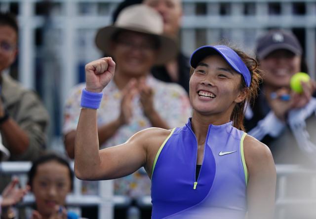(260115) -- MELBOURNE, Jan. 15, 2026 (Xinhua) -- Yuan Yue of China celebrates victory after the women's singles qualifying final round match against Tamara Zidansek of Slovenia at Australian Open tennis tournament in Melbourne, Australia, Jan. 15, 2026. (Photo by Wang Shen/Xinhua)