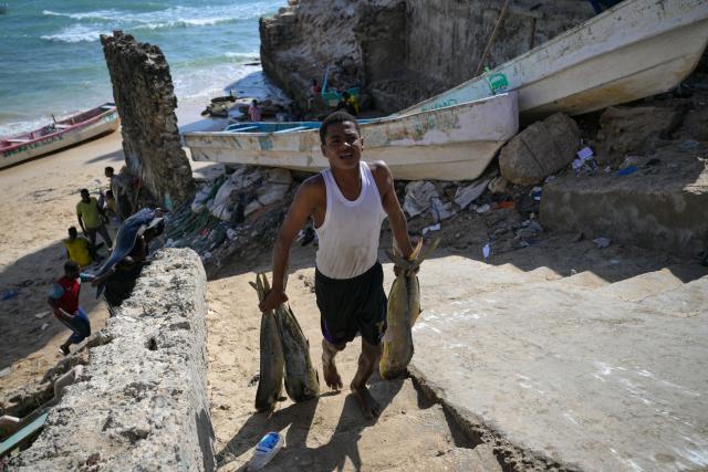 (260115) -- MOGADISHU, Jan. 15, 2026 (Xinhua) -- This photo taken on Jan. 11, 2026 shows a boy carrying harvested fish at seaside in Mogadishu, Somalia. (Xinhua/Yang Guang)
