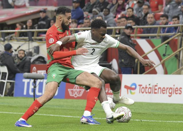 (260115) -- RABAT, Jan. 15, 2026 (Xinhua) -- Nigeria's Bright Osayi-Samuel (R) vies against Morocco's Noussair Mazraoui during the Africa Cup of Nations semifinal match between Morocco and Nigeria in Rabat, Morocco, Jan. 14, 2026. (Photo by Aissa/Xinhua)