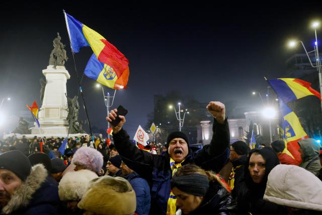 (260115) -- BUCHAREST, Jan. 15, 2026 (Xinhua) -- A man shouts slogan during an anti-austerity rally in downtown Bucharest, Romania, Jan. 15, 2026. (Photo by Cristian Cristel/Xinhua)