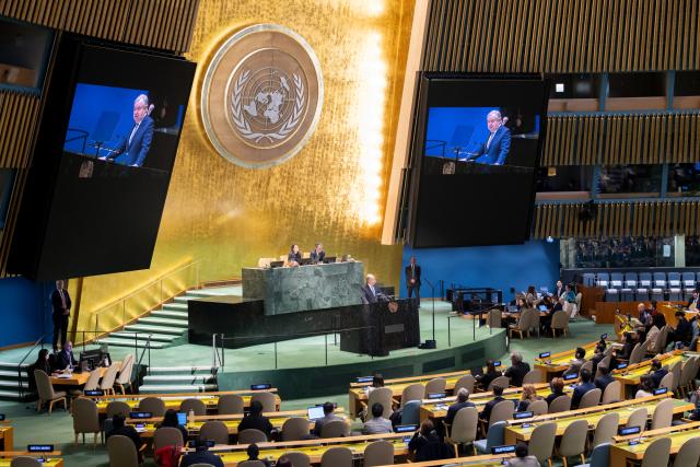 (260115) -- UNITED NATIONS, Jan. 15, 2026 (Xinhua) -- UN Secretary-General Antonio Guterres addresses the UN General Assembly on priorities for 2026 at the UN headquarters in New York, Jan. 15, 2026. Guterres emphasized three principles that guide the world body's work in 2026: adherence to the UN Charter, peace with justice -- peace between nations and peace with nature, and unity in an age of division. (Manuel Elías/UN Photo//Handout via Xinhua)