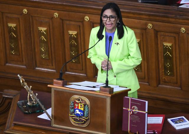 (260115) -- CARACAS, Jan. 15, 2026 (Xinhua) -- Venezuelan acting president Delcy Rodriguez delivers her annual report to the legislature on behalf of the administrative body in Caracas, Venezuela, Jan. 15, 2026. (Photo by Marco Salgado/Xinhua)